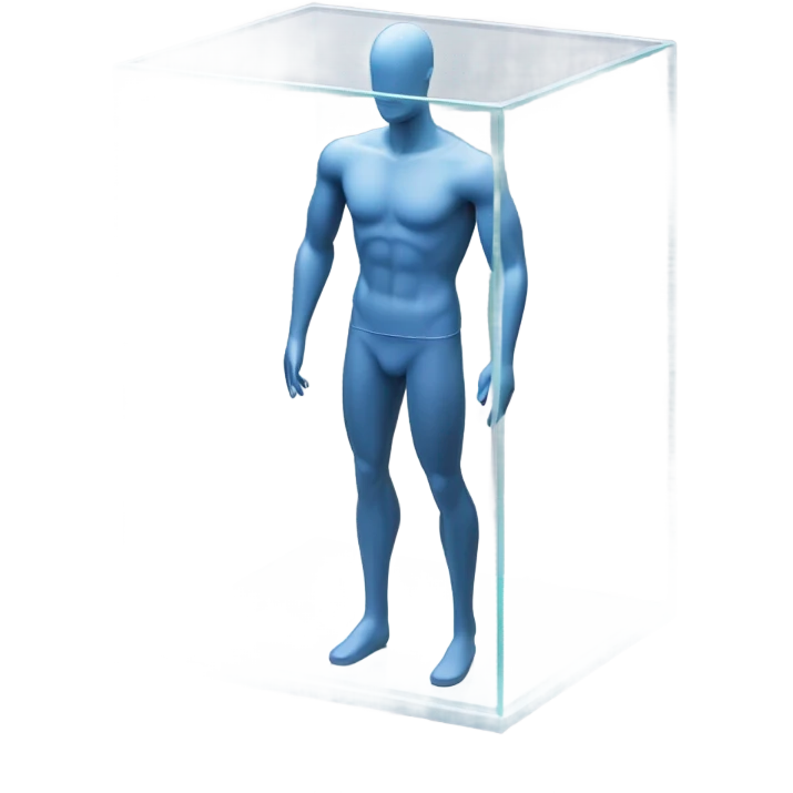 male mannequin abs cubes inside a glass cube on a stand isometric view emoji