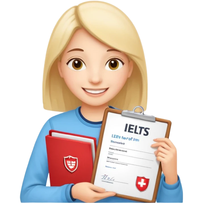 студентка радостная после успешной сдачи экзамена IELTS на 7.0 смотрит свои результаты на сертификате с текстом IELTS на белом фоне  emoji