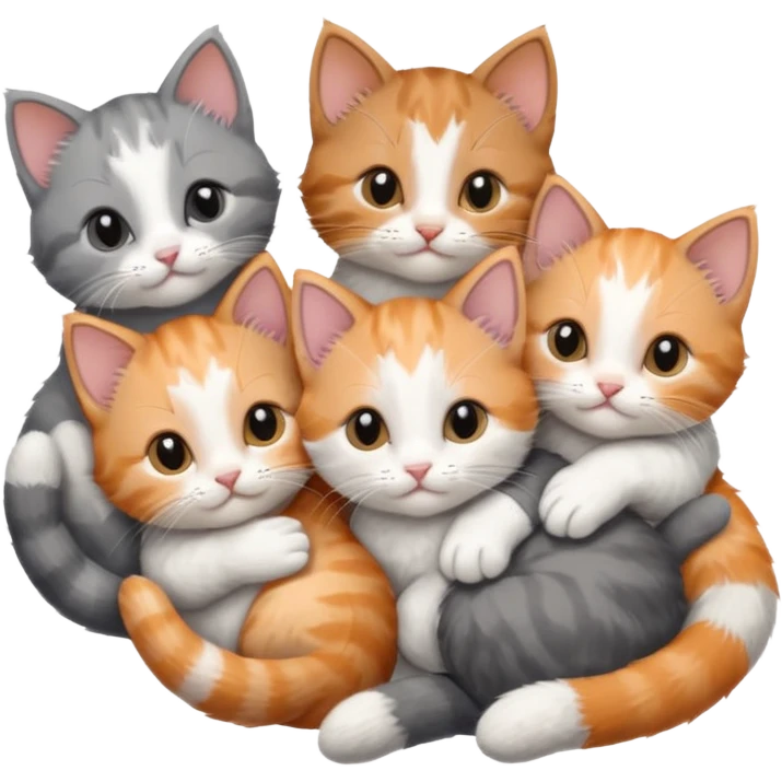 6 tiny kittens cuddling together all various different natural colours including solid grey with white mittens, grey and white, ginger and white, calico, and brown and white emoji