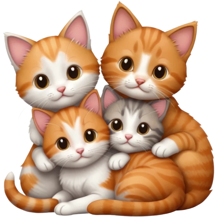 3 tiny kittens cuddling together all different colours, the first one is grey and white, the second is ginger and white and the third is brown tabby and white emoji