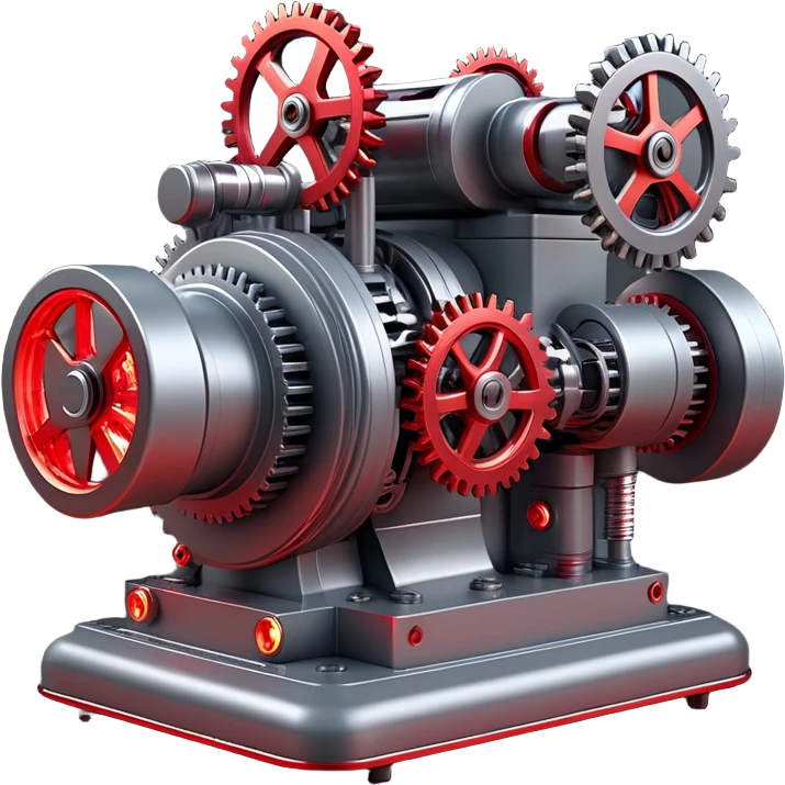 Hyper-realistic 3D render of a compact power generator with:
- Intricate mechanical gears system
- Main large gear in metallic gray
- Smaller interconnected gears in motion
- Red glowing energy flowing through transparent tubes
- Industrial-tech aesthetic
- Metallic gray base with red accent lights
- Sharp details and mechanical precision
- Subtle steam or energy particles in red
--ar 1:1
--style raw
--v 5.2
--no text
--q 2
--c 20 emoji