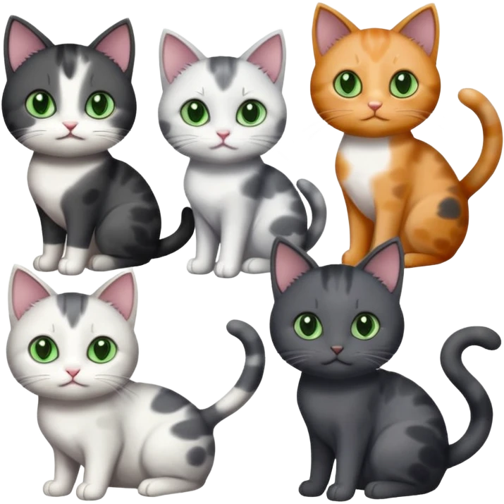3 different coloured small cats including a dark grey and white, and a patchy calico and a completely solid dark grey with green eyes and only white paws emoji