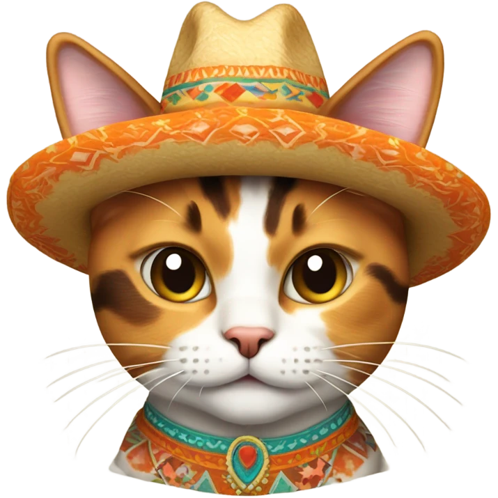 Calico cat with orange collar wearing a sombrero emoji