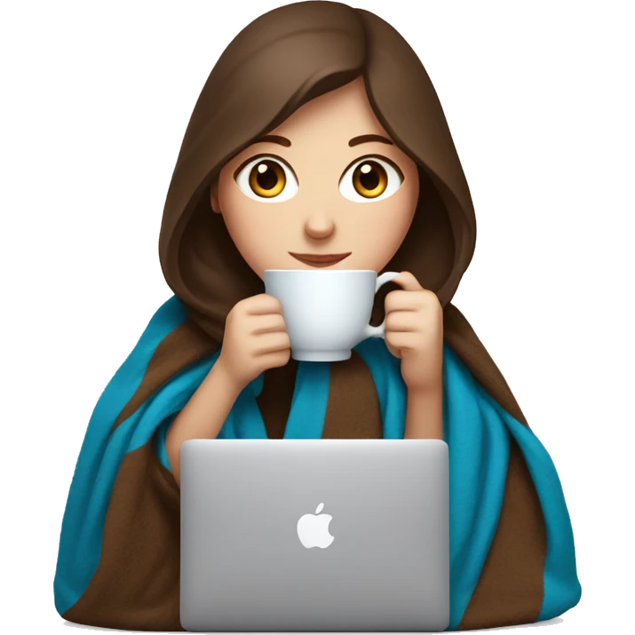 White Girl with blue eyes and brown hair drinking tea with blanket on a macbook emoji