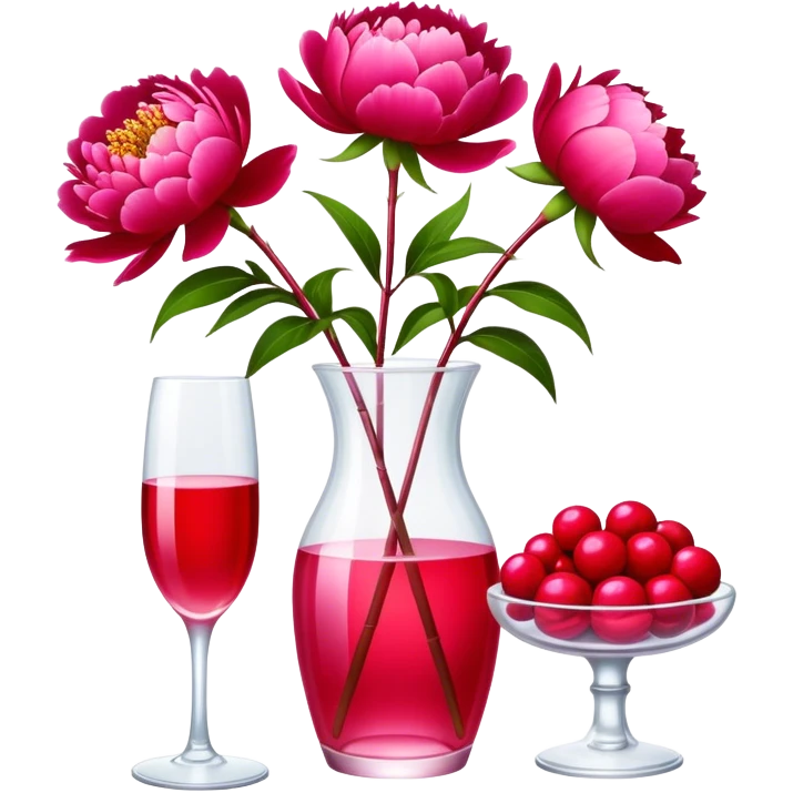 An elegant glass flacon in Champagne Pink glows softly next to vibrant Candy Apple Red peonies. The scene captures a perfect blend of sophistication and bold floral beauty." emoji