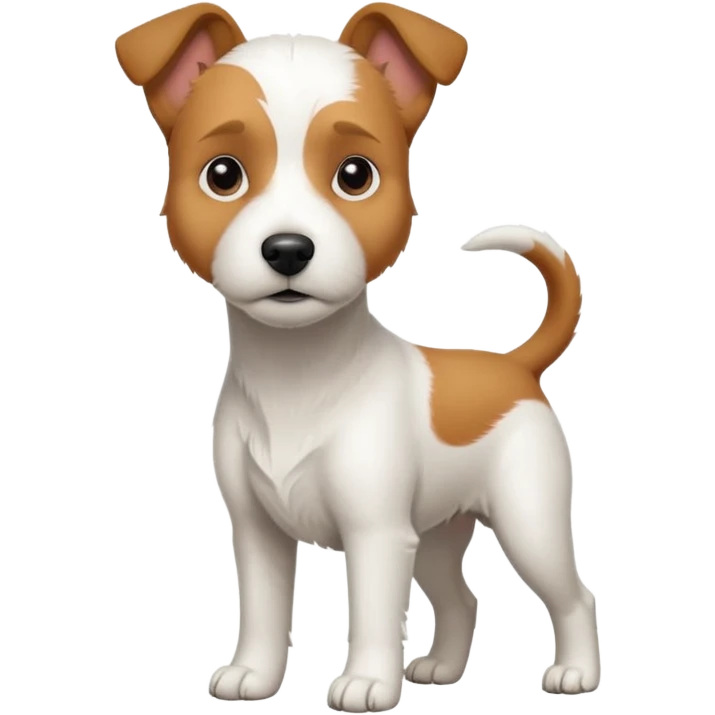 a full body slightly chubby white parson russell terrier looking dog the size of a kelpie with light brown long ears and a light brown patch on one eye and a large snout emoji