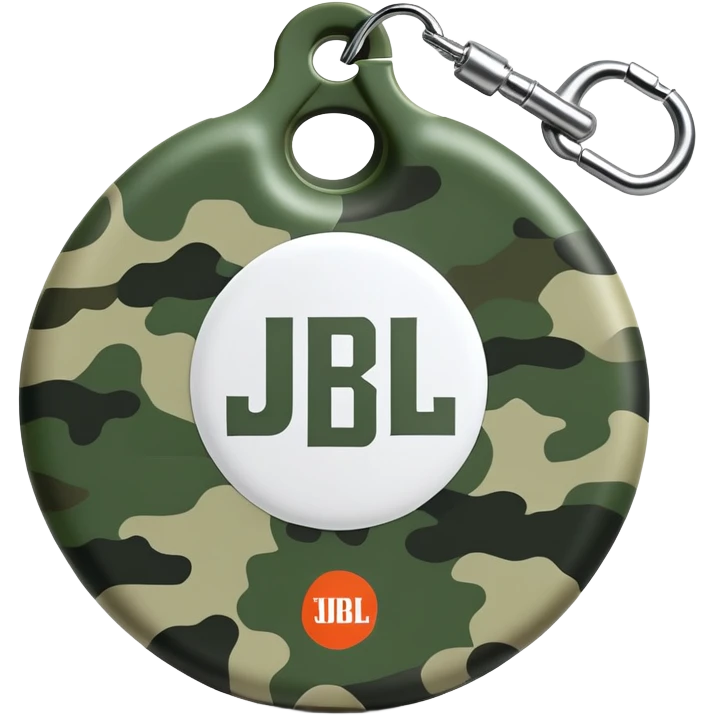 Extremely simple JBL Clip 4, clean circular form with hook, just 2-3 green camo elements, prominent JBL logo, iOS emoji style emoji