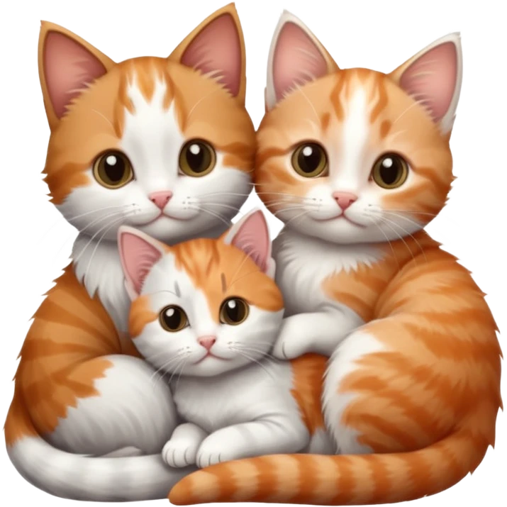 3 tiny kittens cuddling together all different colours, the first one is grey and white, the second is ginger and white and the third is brown tabby and white emoji