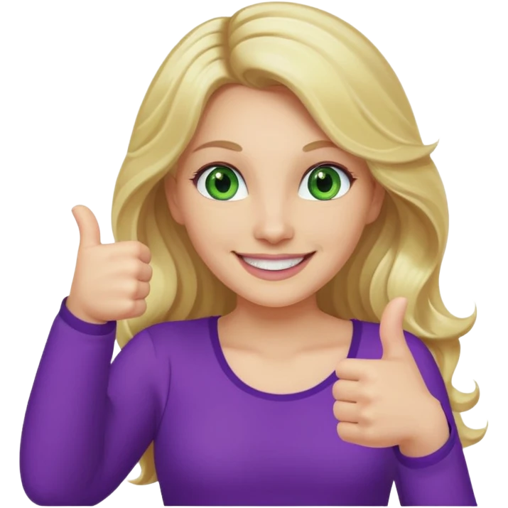 lady with long wavy blonde hair, purple top, green eyes, one thumb up emoji