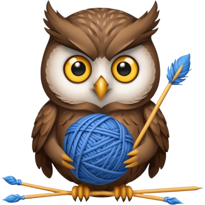 Owl holding blue yarn ball and knitting needles emoji