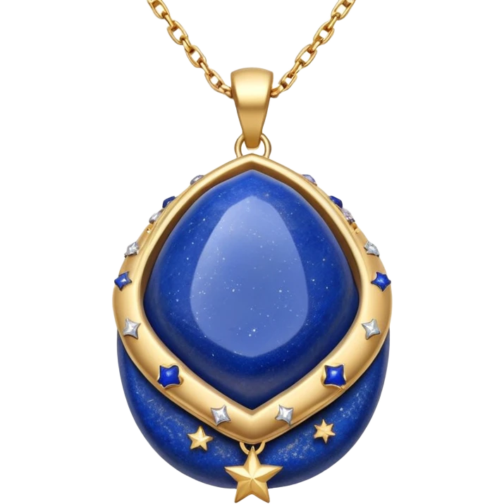 lapis lazuli stone in original form, cradled by a shimmering gold chain, surrounded by tiny stars emoji