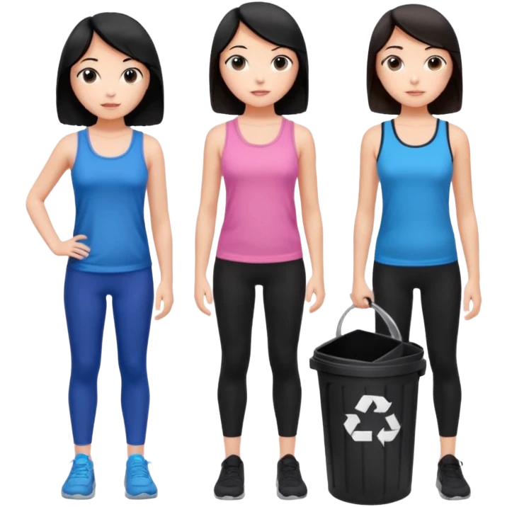 generate a genmoji of a black haired girl in a pink tank top and black leggings holding a black trash bag. Standing with her is a brunette girl in a similar blue tank top and black leggings.
Standing in front of a dustbin emoji