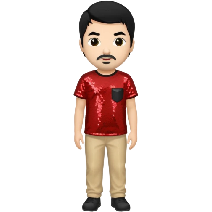 Chino Moreno with black hair, red sequin shirt, beige sequin baggy pants emoji