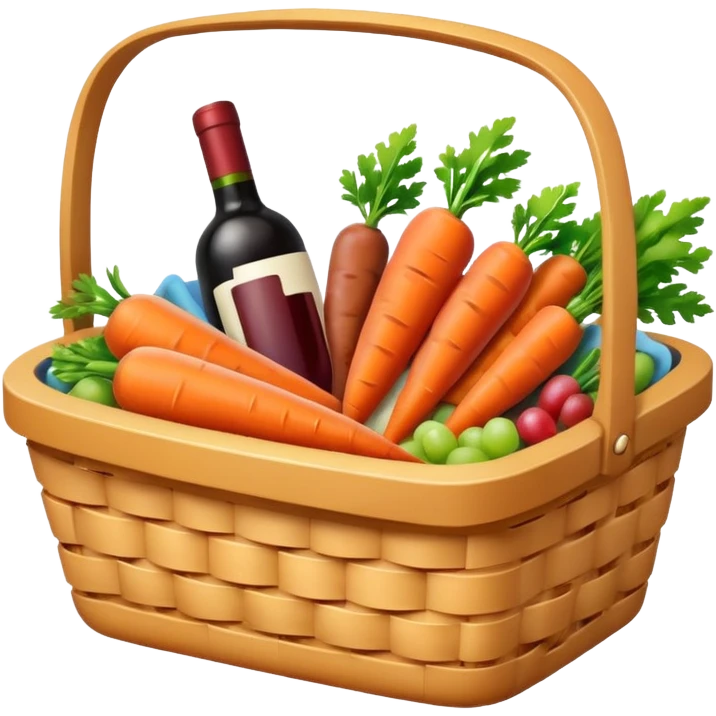 picnic basket with carrots, wine, sausages, cheese, cheerful and colorful, emoji style emoji