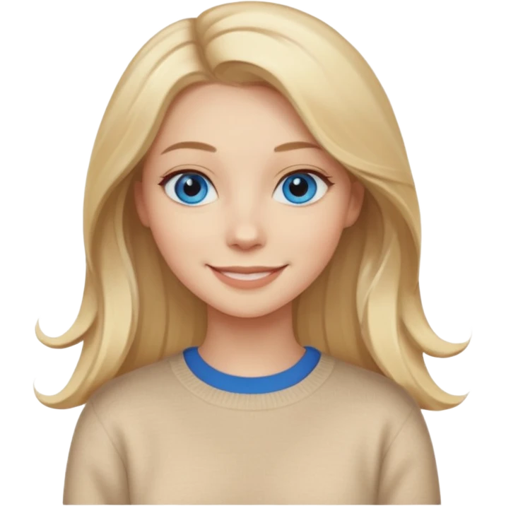 hyper realistic glamourous pale woman, Long blonde balayage hair, smiling, beige sweater & blue eyes emoji