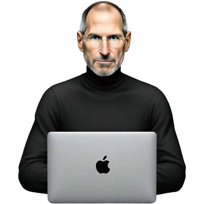Steve Jobs wearing a black turtleneck using a MacBook. facing forward emoji