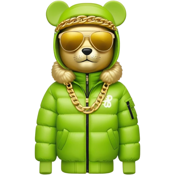 classic bearbrick in lime mask with graffiti tags, wearing sleek one-piece solid sunglasses visor spanning full width of face, oversized puffy jacket with plush fur trim, stacked gold chains, high fashion look emoji