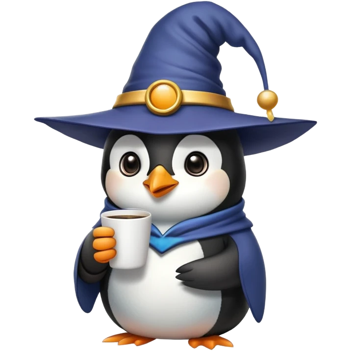 Penguin wizard drinking coffee while using iPhone emoji