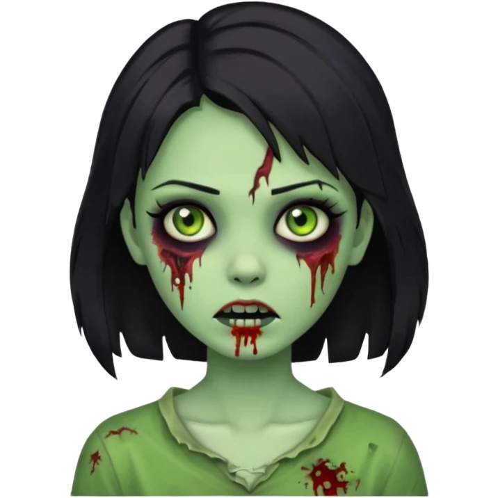 Menina zumbi com cabelo preto médio e verde e zumbi emoji