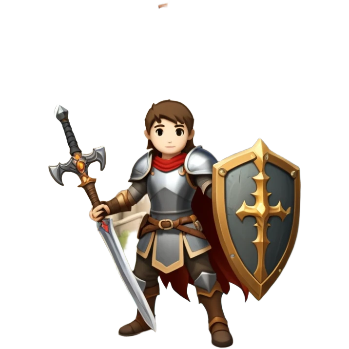 An icon symbolizing a RPG game, featuring a character holding a sword and shield, standing in front of a fantasy world with castles, dungeons and mythical creatures. The design emphasizes exploration, quests with elements like health bars and inventory icons. Transparent background emoji