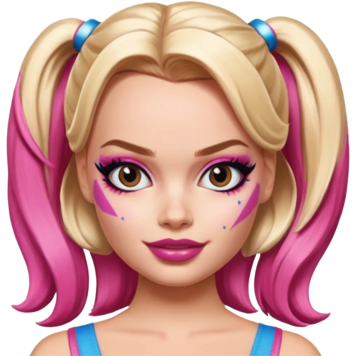 A combination of Margot Robbie as Barbie and Harley Queen (half-face) emoji