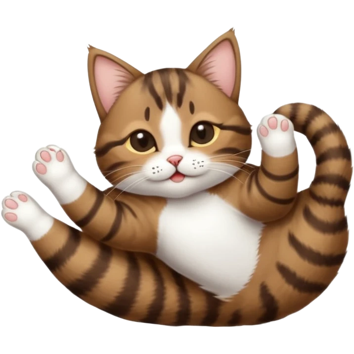 dark brown tabby and white small cat in funny positions upside down with eyes closed emoji