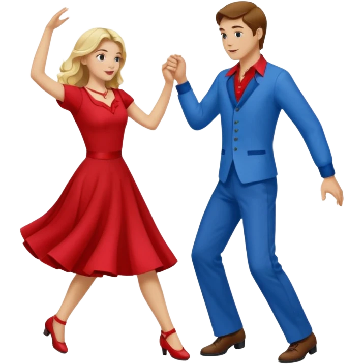 Two people. Man wearing all  RED with brown hair. Women  ALL blue with blond hair. Swing Dancing.  emoji