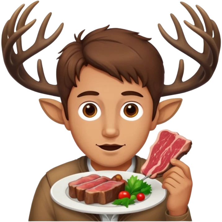 Guy with deer antlers eats meat, brown hear emoji