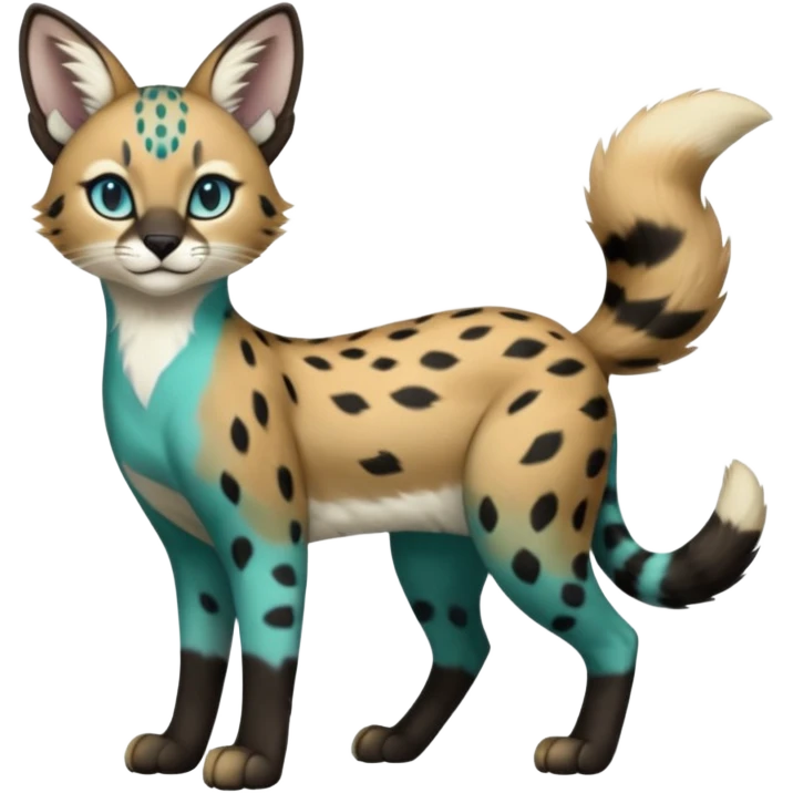 Cobalt-Blue green turquoise black white Purloin-serval-furret-Noibat-caracal-fusion-hybrid-creature (full body) emoji