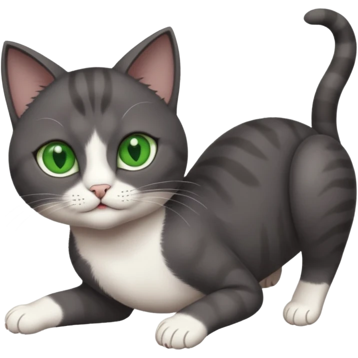dark grey cat with green eyes, white toes/paws and white patch on her chest playfully rolling upside down emoji