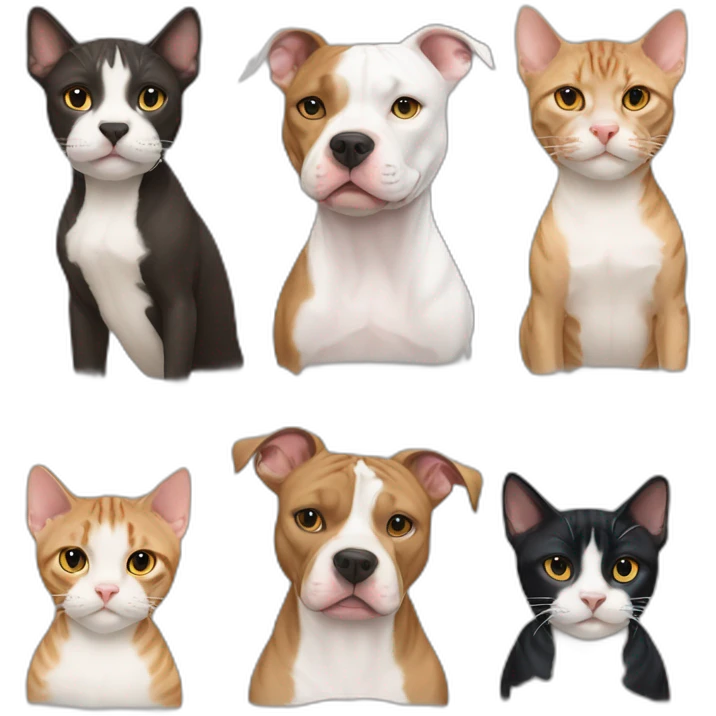 three pit bulls, two tuxedo cats, and five tabby cats emoji