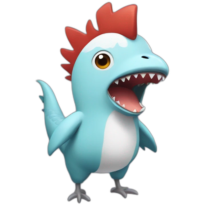 rooster wearing a onesie with a shark-head emoji