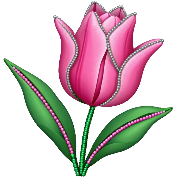 french beaded pink tulip flower with 2 leaves, handmade with glass beads, no background emoji