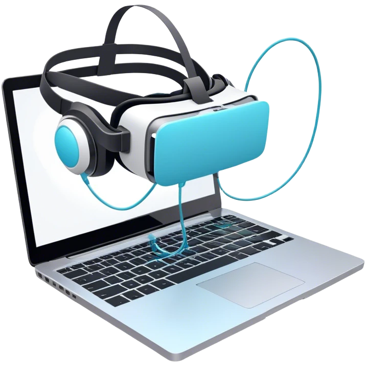 VR headset connected by a wire to a laptop. On the laptop screen, a VR/AR modeling soft is open. Floating 3D models or virtual objects. Modern, tech-inspired colors. No emojis or smiley faces. Transparent background. emoji