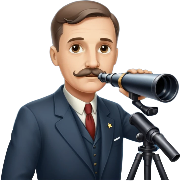 Astronomer Edwin Hubble with mustache, wearing a suit, looking through a telescope with stars in the background emoji