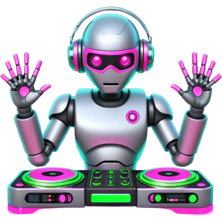 Robot DJ with bright glowing neon pink and neon green lights around turntables, 8k emoji