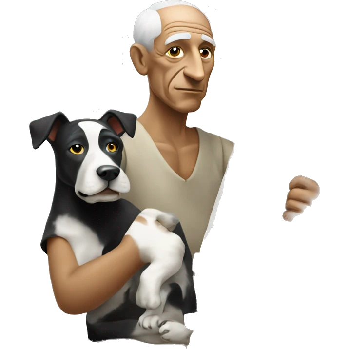 pablo picasso with a dog in his hand while he is painting emoji