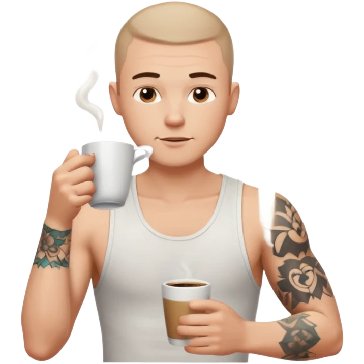 a white short guy wearing a white tank top with a buzz cut drinking a cup of coffee, hes got tattoos on his arms emoji