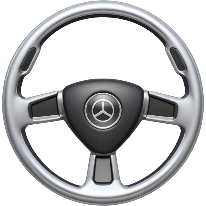 A futuristic steering wheel emoji made of silver chrome, minimal geometric design, smooth metallic surface, soft reflections, iOS emoji style, centered, clean white background emoji