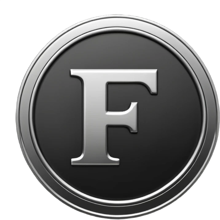 Emoji icon of a black coin with engraved letter F, minimalist style, isolated, no color emoji