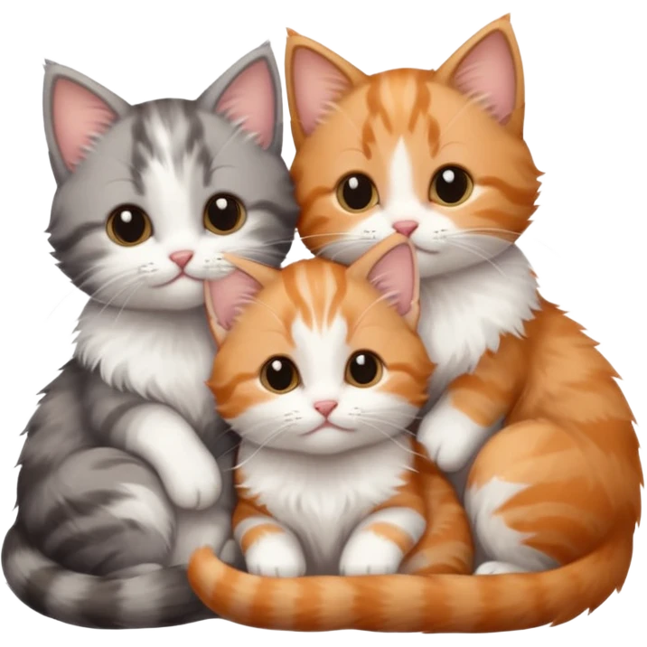 3 tiny kittens cuddling together all different colours, the first one is grey and white, the second is ginger and white and the third is brown tabby and white emoji