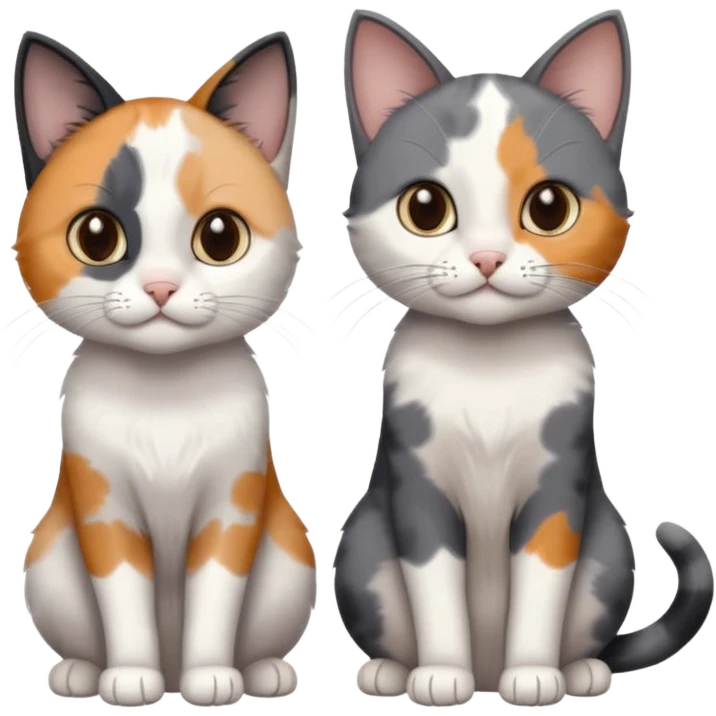 3 different coloured small cats including a dark grey and white, and a patchy calico and a completely solid dark grey with only white paws emoji