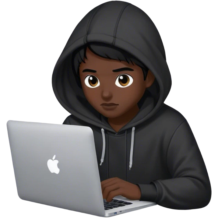 hackeur cheveux noir et capuche noiravec un macbook emoji