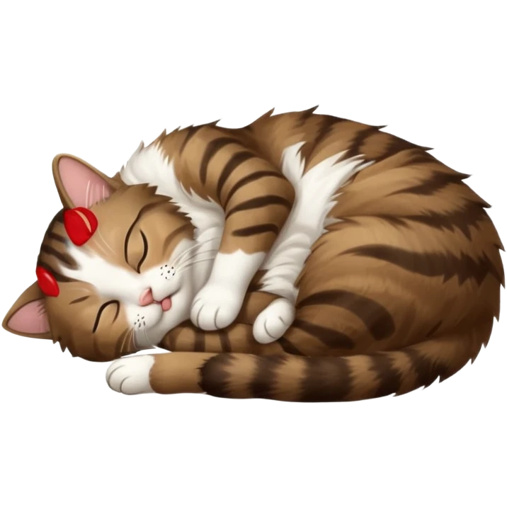dark brown tabby and white small cat in funny positions upside down with eyes closed emoji