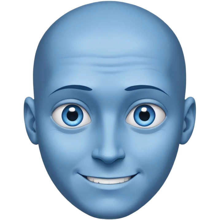 a character with blue skin and a huge forehead - twice the size of the face, the shape of the head is like a rounded inverted triangle. He has a smooth bald head. a sly, intelligent smile. Close-up. Blue eyes emoji