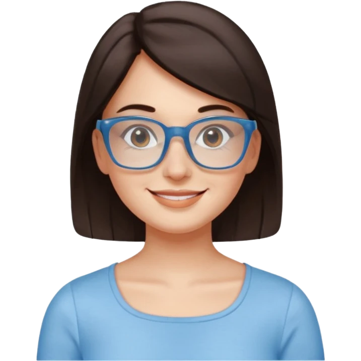 mujer de 30 años, cabello marron oscuro, anteojos cuadrados transparente, top celeste escote cuadrado, piel blanca, cara redonda emoji