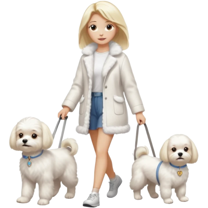 blonde woman wearing white, walking ONE maltese dog emoji