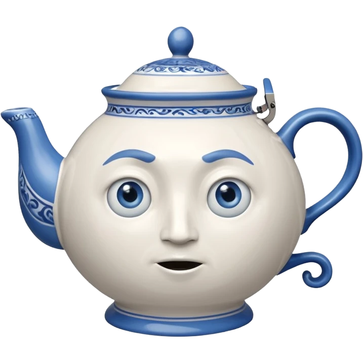 It is a large teapot with legs and a handle extending into an arm. It also has a face with wide-open blue eyes, the frowning like face. emoji