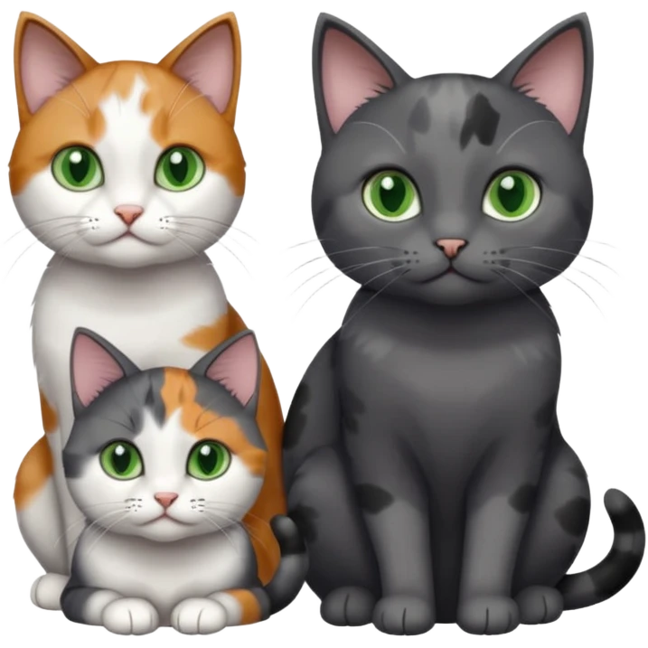 3 different coloured small cats including a dark grey and white, and a patchy calico and a completely solid dark grey with green eyes and only white paws emoji
