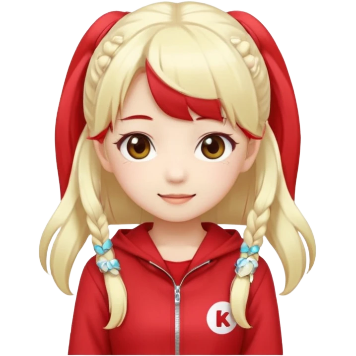 Cute kawaii emoji-style Japanese K-pop girl, long platinum blonde hair in twin tails, red outfit, Japanese K-pop idol vibes, big sparkling eyes, chibi proportions, clean lineart, pastel colors, cheerful idol smile, sticker/emoji style, transparent background emoji